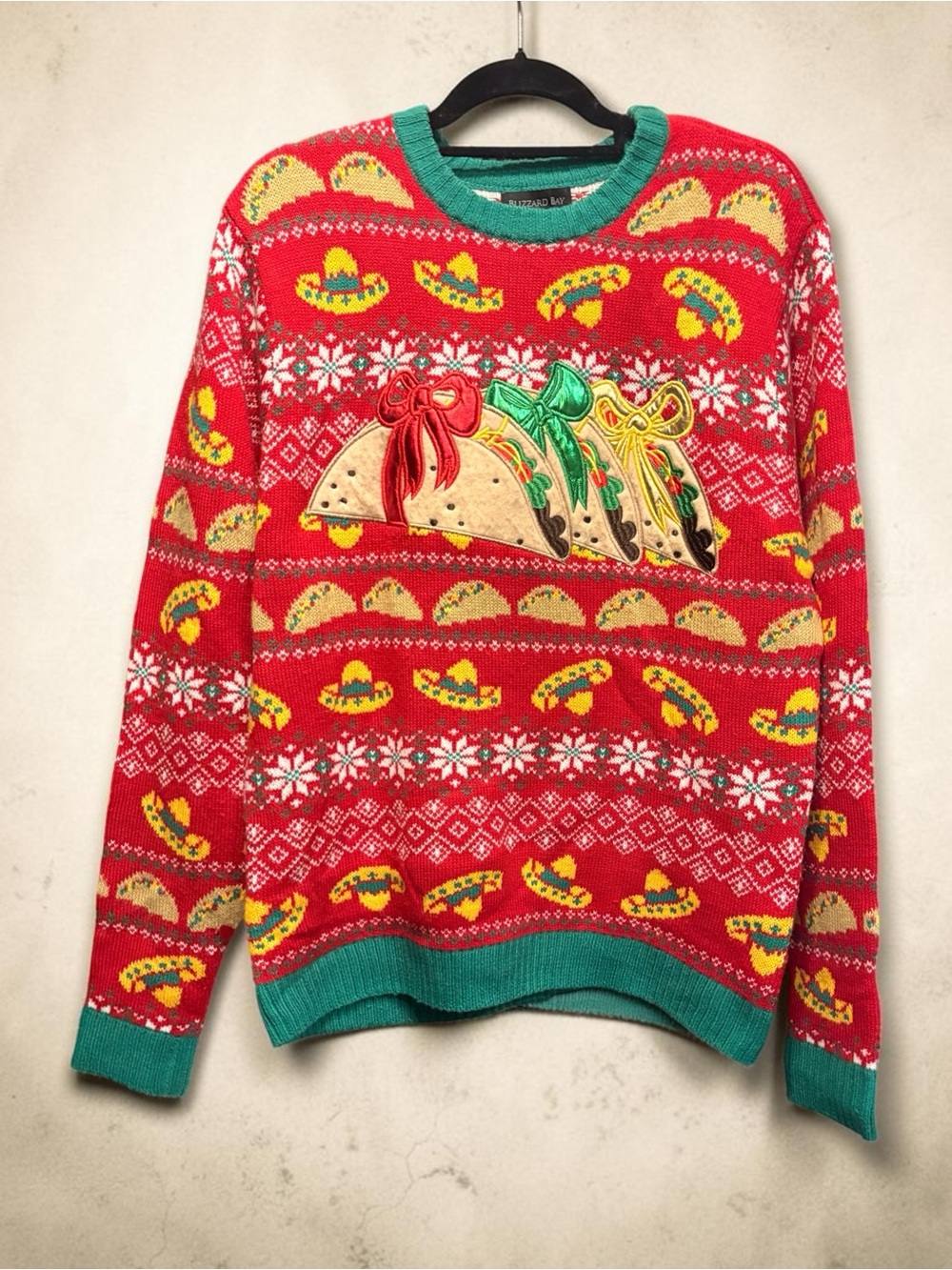 Red Taco Pattern Crewneck Sweater with Green Trim - unisex